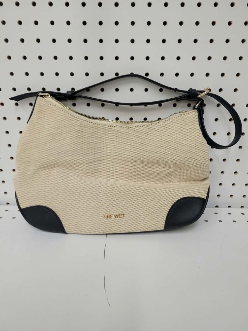 Nine West Beige & Black Canvas Crossbody Handbag With Adjustable Strap And Gold